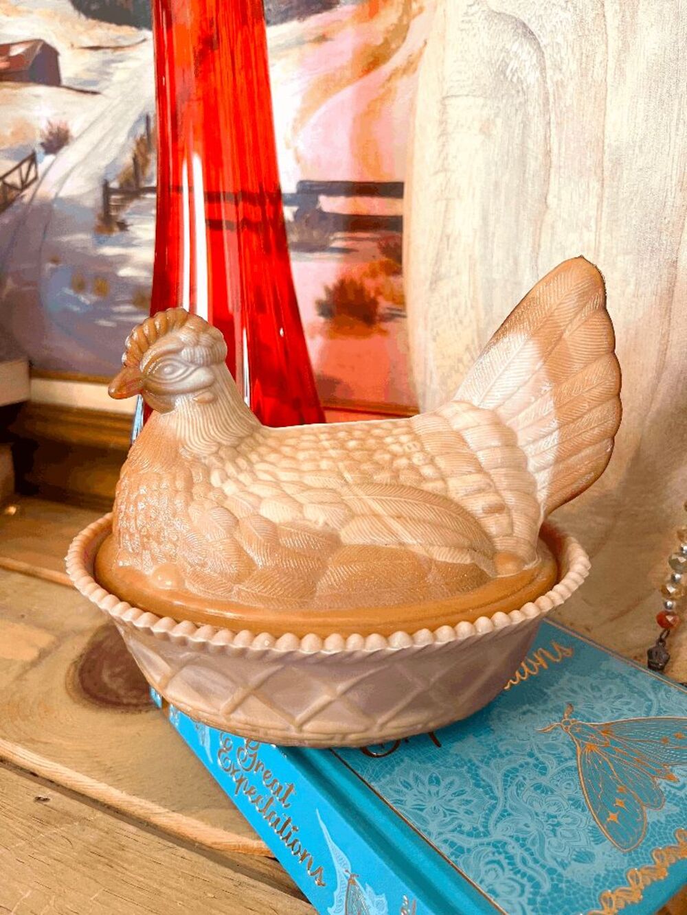 Vintage Large Westmoreland Hen on Nest Chocolate Slag Glass 7.5" Covered Chicken